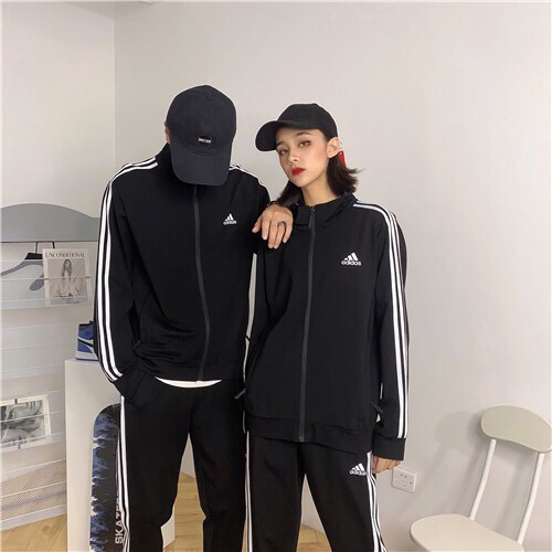 adidas愛迪達三條杠男女開衫套裝立領休閑套裝休閑運動套裝韓絲套裝情侶款長袖開衫外套長褲經典百搭2093